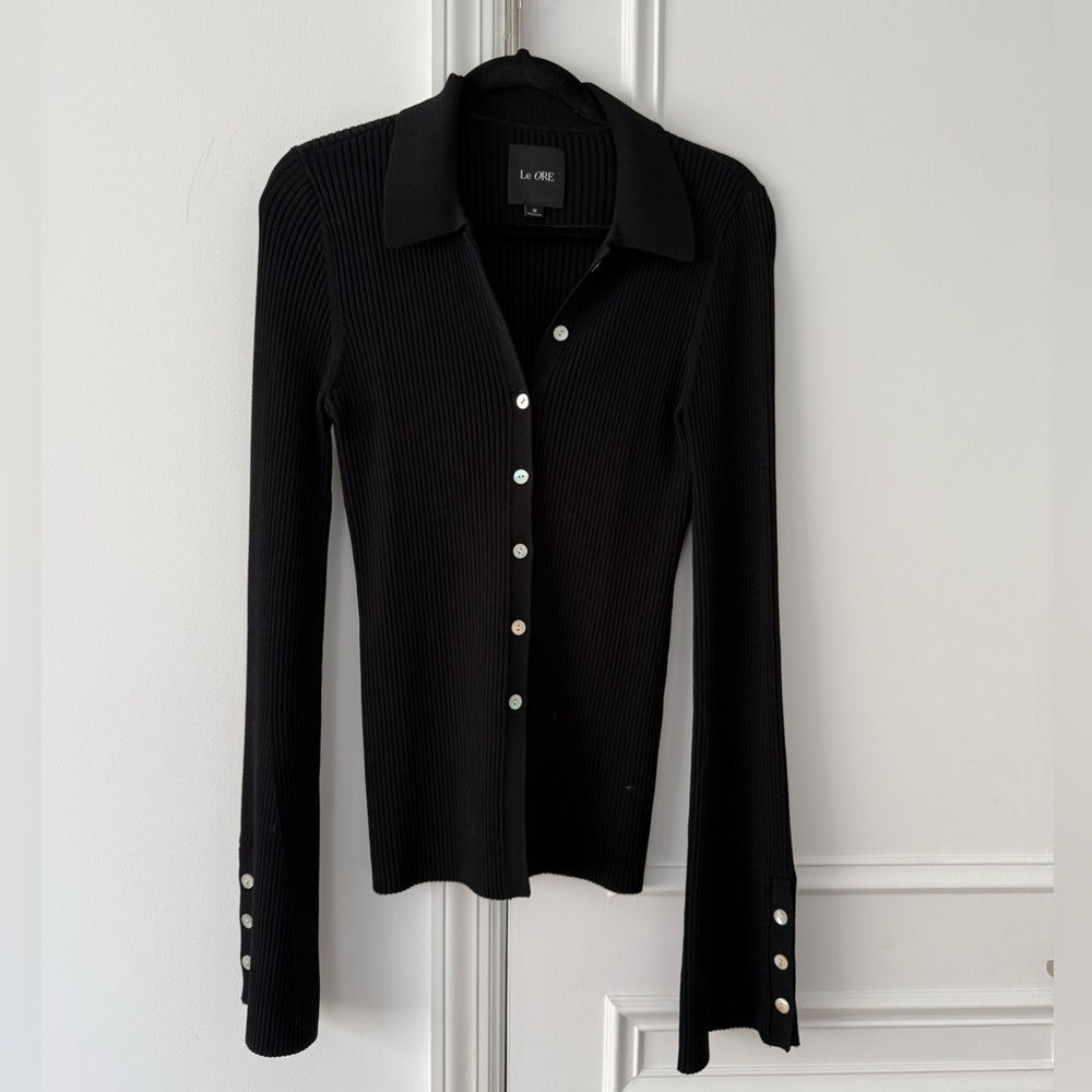 Black Ribbed Button-Up Top - image 1